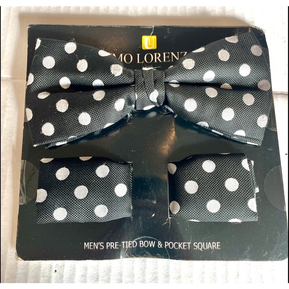 Unique Vintage Mens Bow Tie and Pocket Square Black and White Polka Dot